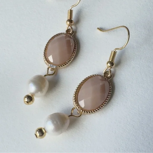 Blush Bead & Pearl Drop Earrings | Upcycled | Gold Stainless Steel Hooks - Picture 3 of 10